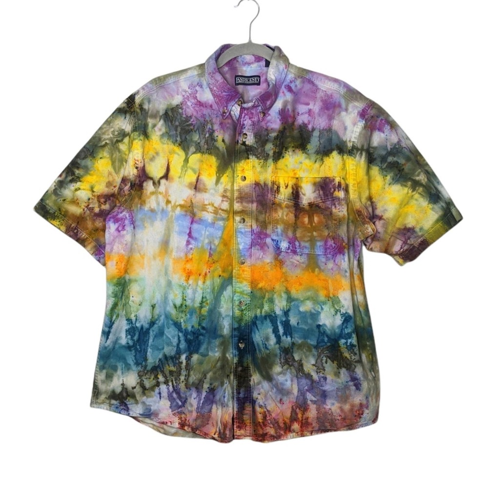Vintage Custom Ice Tie Dye Button Flannel Shirt Short Sleeve Art Summer Beach